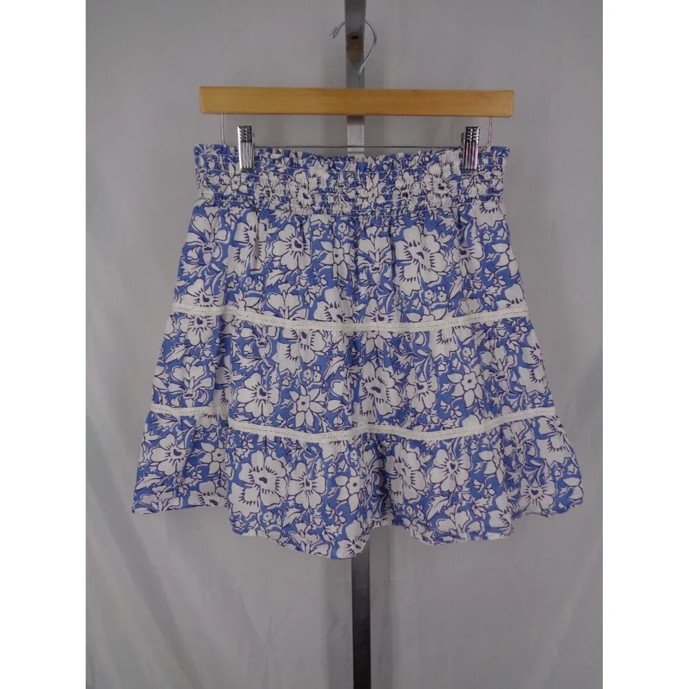J Crew Blue Floral Tiered Mini Skirt Sz Medium Boho Prairie Cottagecore Smocked